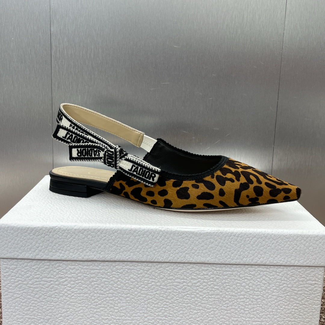 CD J'Adior Slingback Flat Leopard Print Yellow Black Nubuck Leather