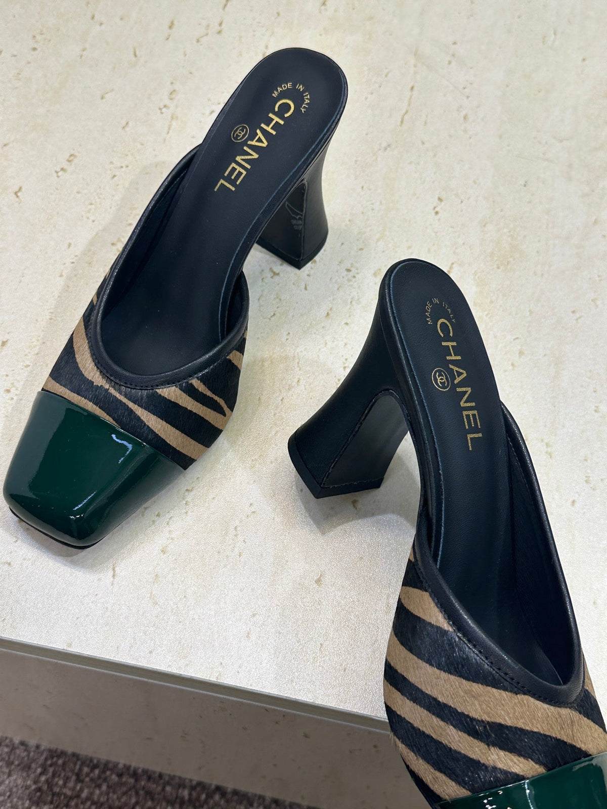 CC Square Toe Color-Blocked Mule 9cm Teal Green Horsehair Patent Leather 830460