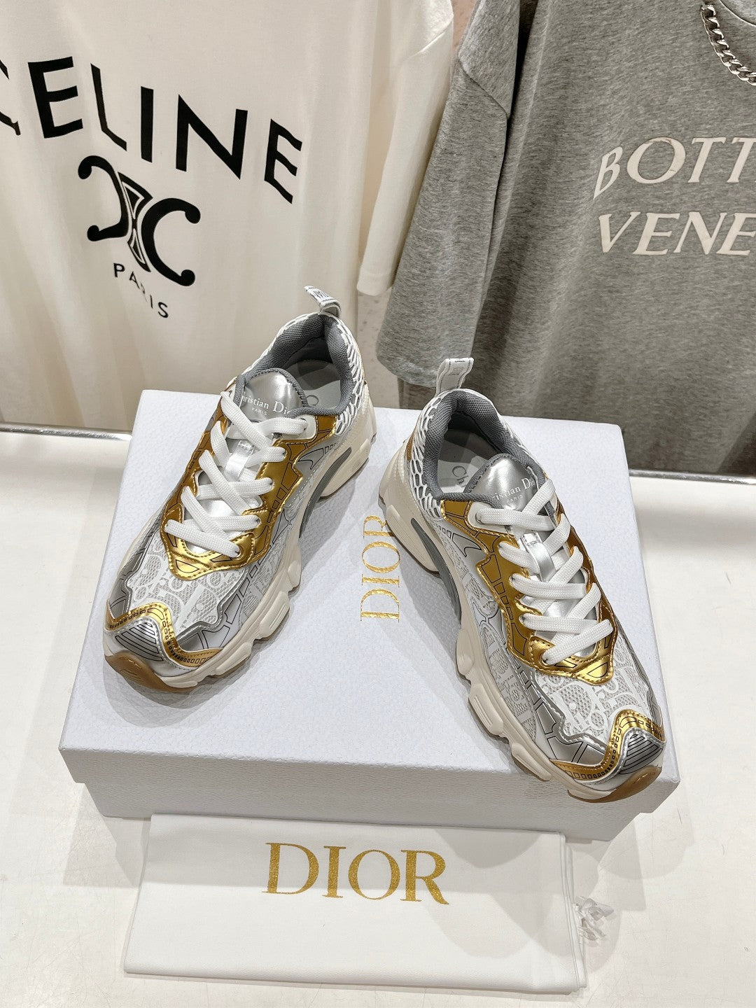 CD Vibe Sneaker White Mix Grey Gold Polyester Mesh Fabric And Cowhide