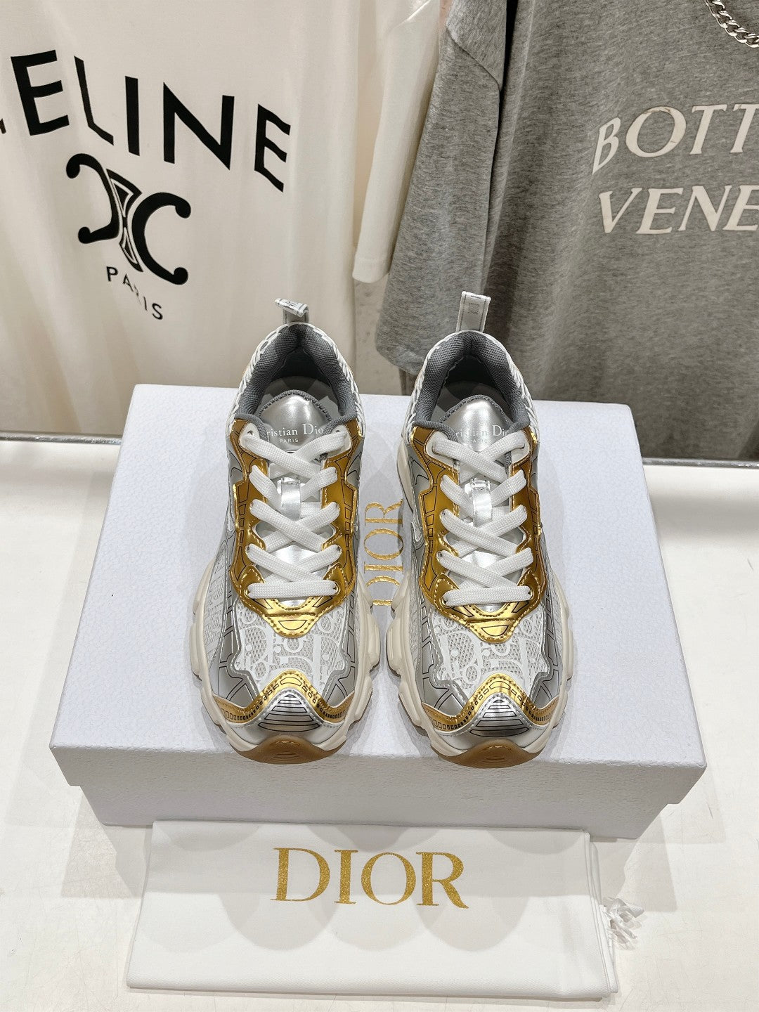 CD Vibe Sneaker White Mix Grey Gold Polyester Mesh Fabric And Cowhide