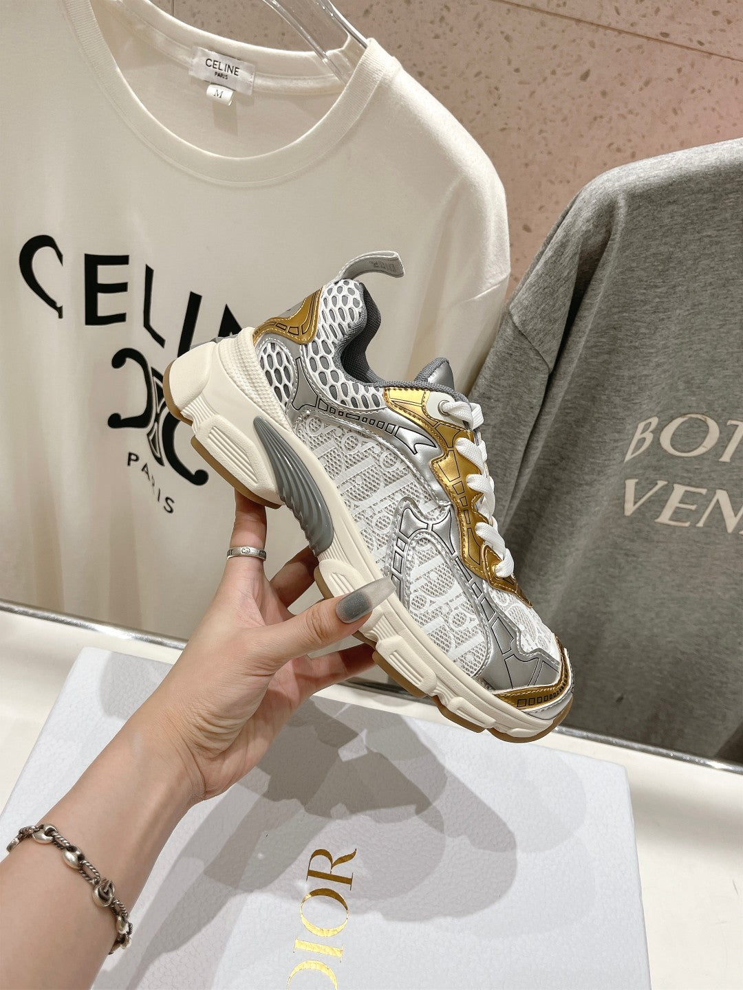 CD Vibe Sneaker White Mix Grey Gold Polyester Mesh Fabric And Cowhide