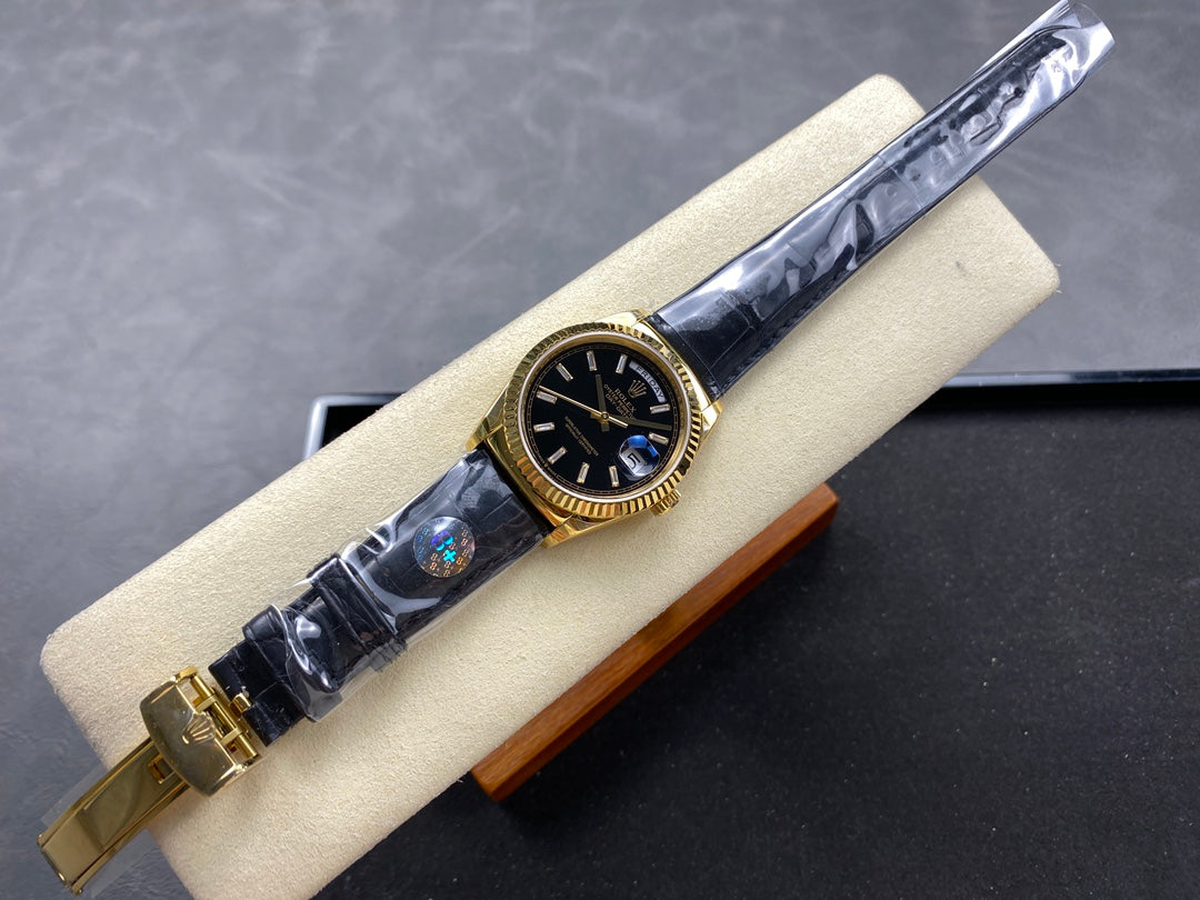 Rolex Day-Date 36mm Gold Black Dial Leather