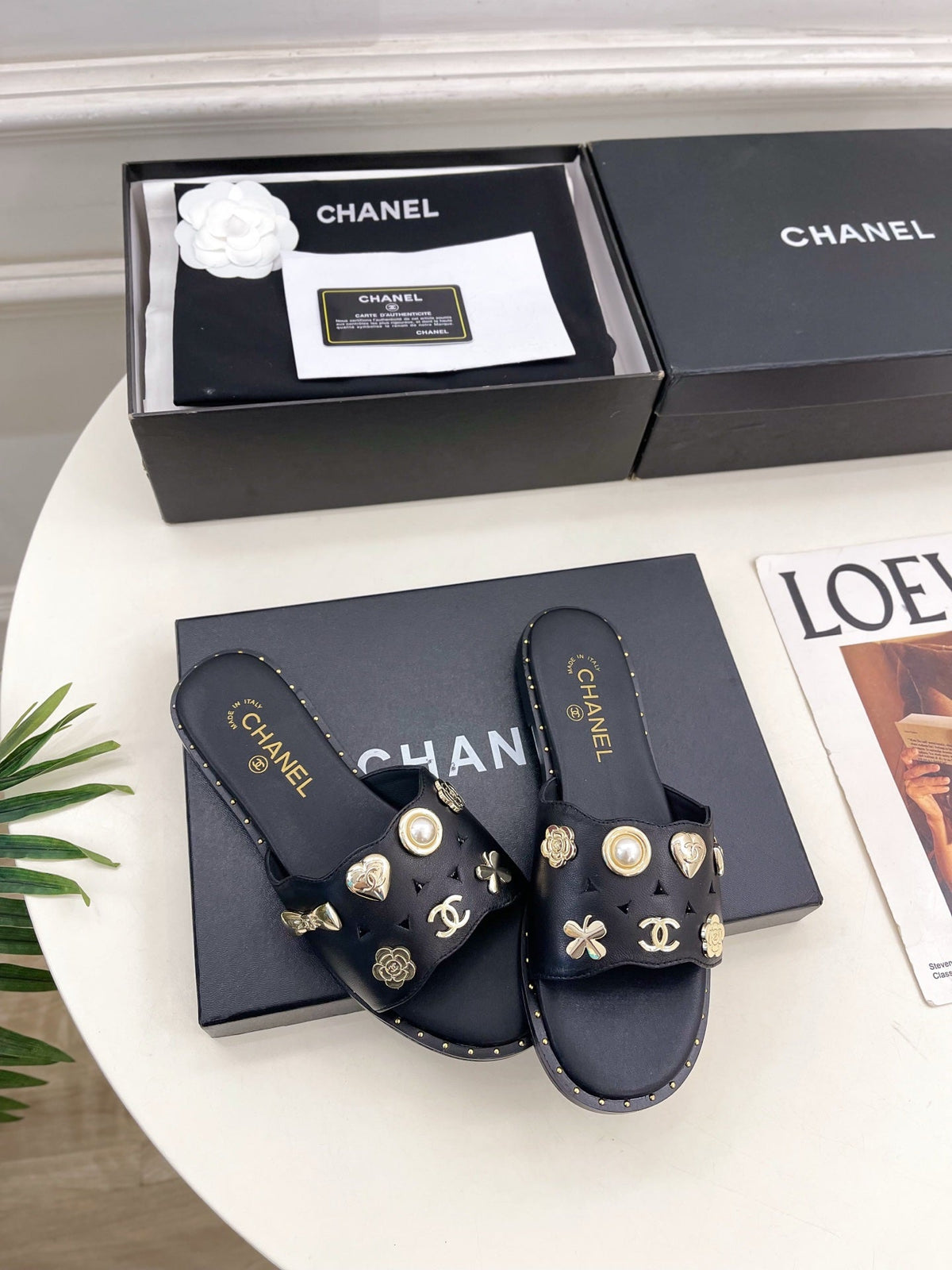 Chanel 26s Flat Sandals Black Lambskin Charm-Decorated