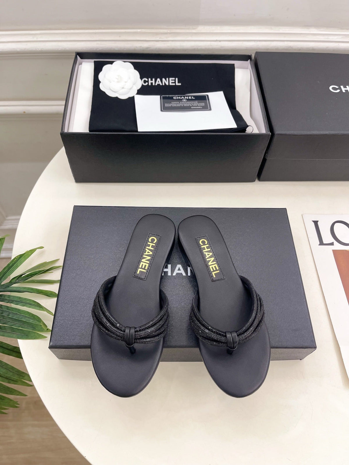 CC 26s Rhinestone Thong Sandals Black Lambskin 947051