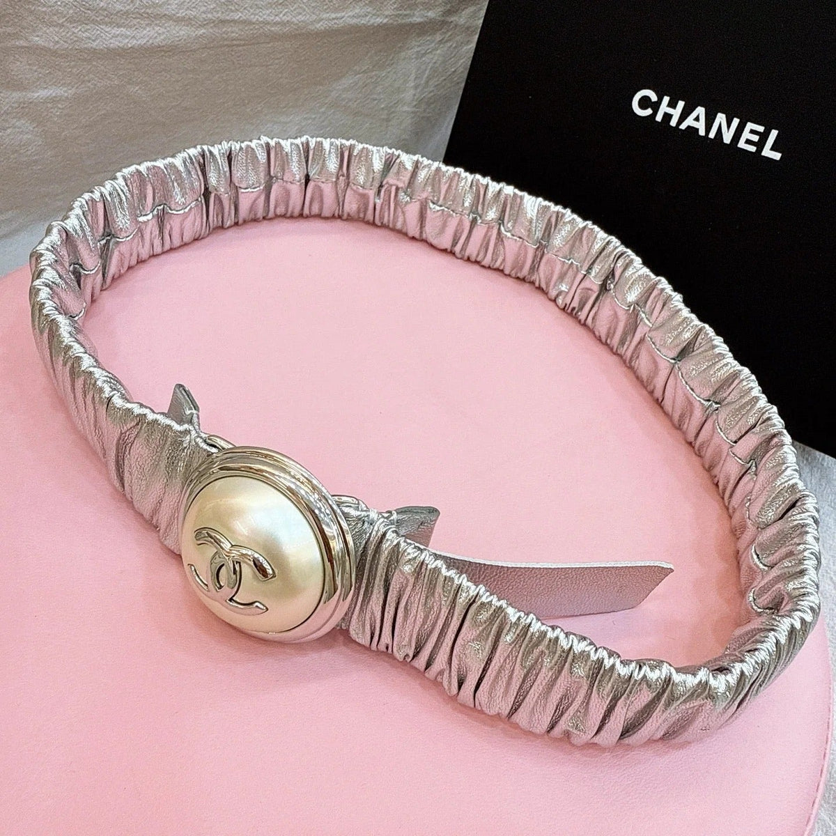 CC Elastic Waist Belt 3.0CM Sliver Metallic Calfskin Gold Buckle 196842
