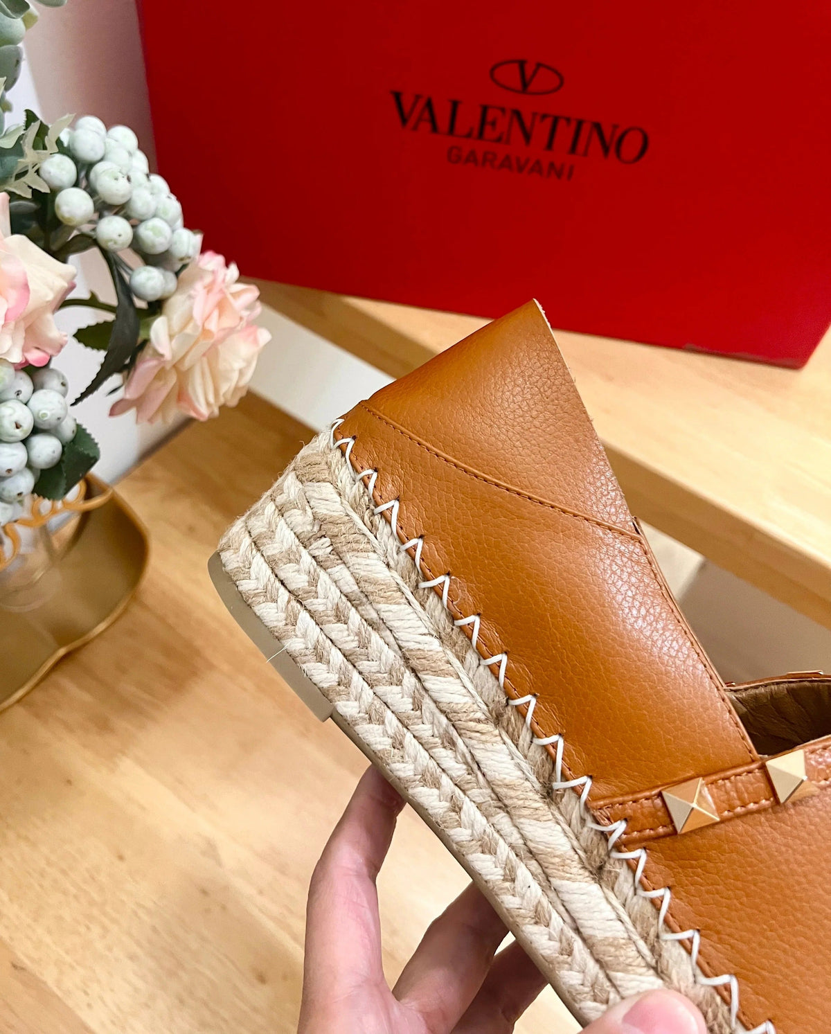 FLAT ESPADRILLE IN BRONZE BROWN CALFSKIN 2 CM WITH STUDS