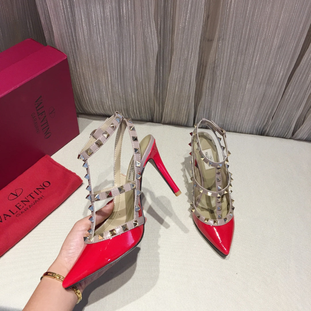 Valentino Rockstud Caged Pumps 100mm Red Patent Leather 239632