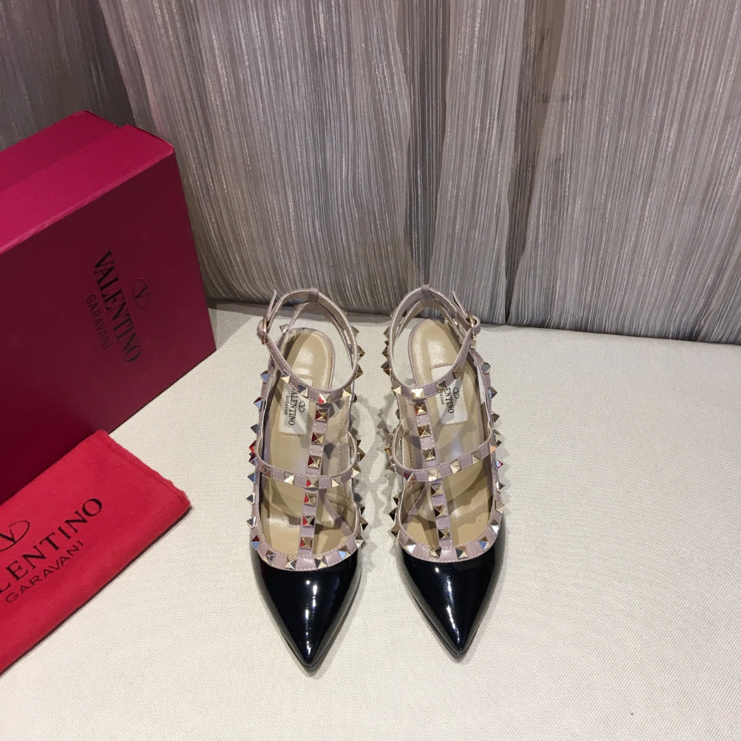 Valentino Rockstud Caged Pumps 100mm Black mix Nude Patent Leather 239638