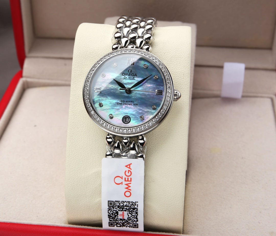DEVILLE PRESTIGE 32MM STEEL DIAMOND BEZEL BLUE MOP DIAL
