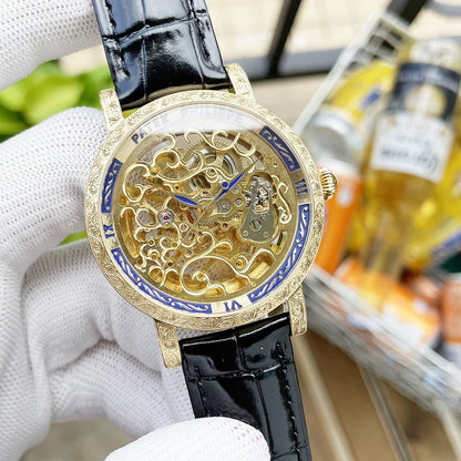 CALATRAVA SKELETON ENGRAVED HAND LEATHER STRAP