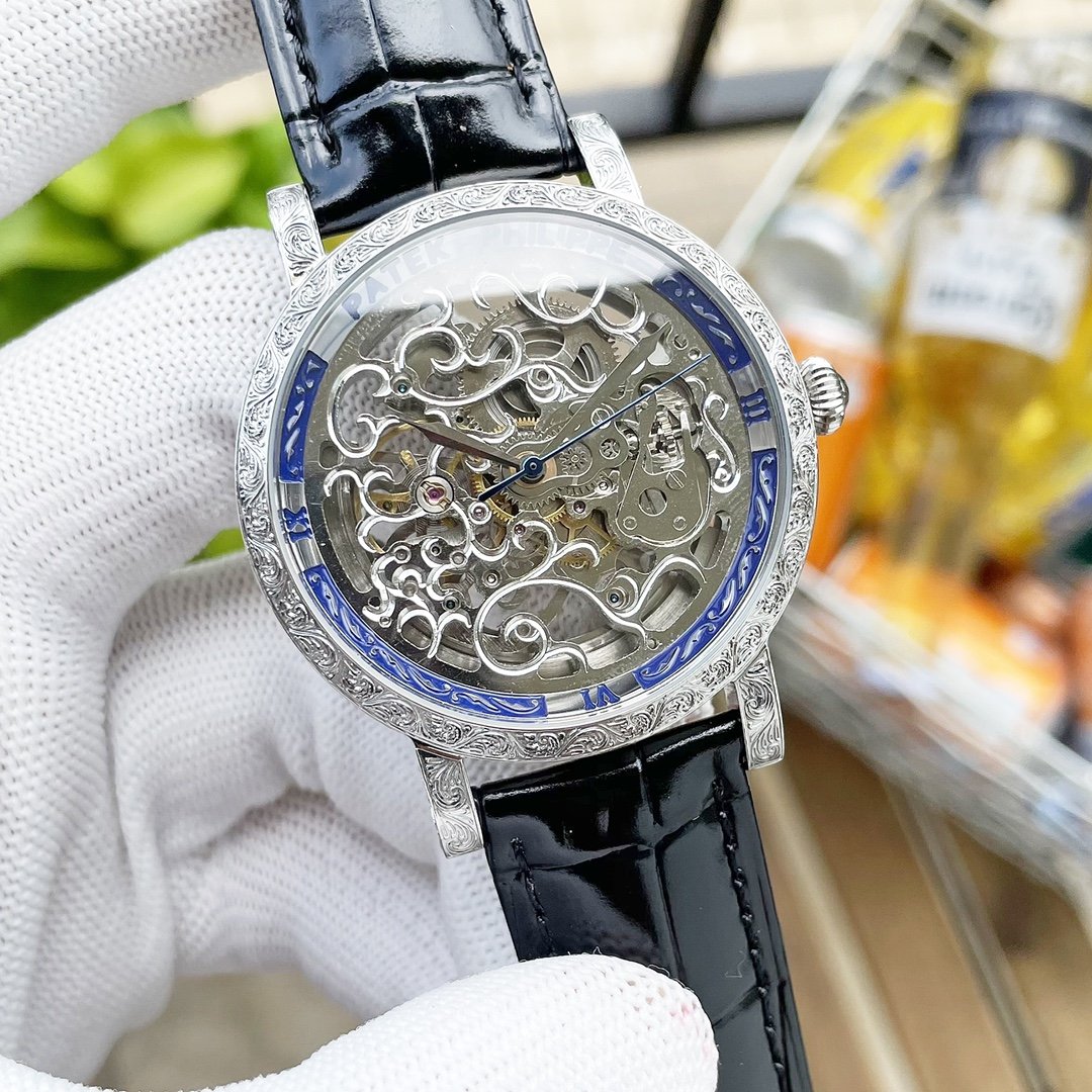 CALATRAVA SKELETON ENGRAVED HAND LEATHER STRAP