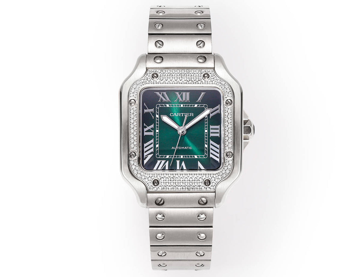 SANTOS LADY 35.1MM STEEL CASE DEEP GREEN DIAL DIAMOND BEZEL