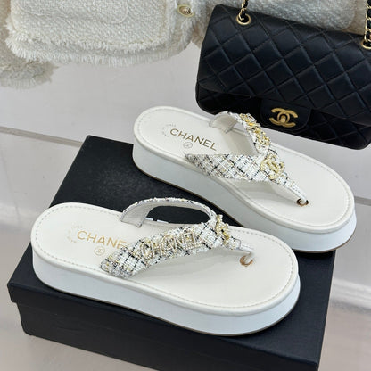 CC Crystal Logo Platform Thong Sandals White Tweed 887787