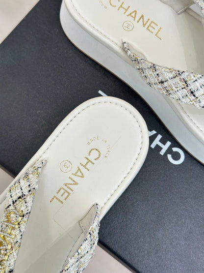 CC Crystal Logo Platform Thong Sandals White Tweed 887787