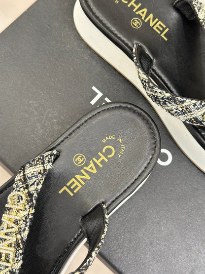 CC Crystal Logo Platform Thong Sandals Black Tweed 887786