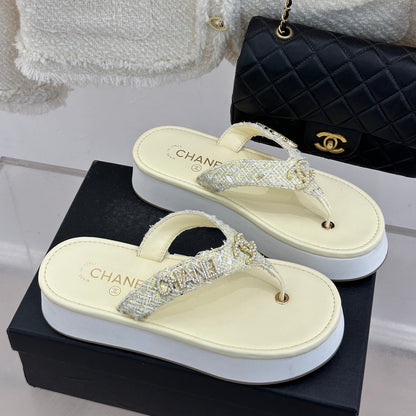 CC Crystal Logo Platform Thong Sandals Light Yellow Tweed 887785