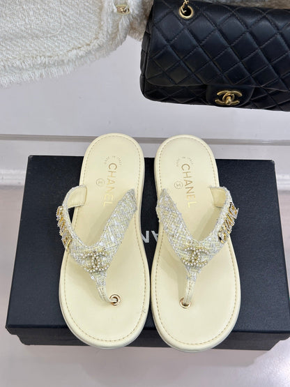 CC Crystal Logo Platform Thong Sandals Flat Light Yellow Tweed 887778