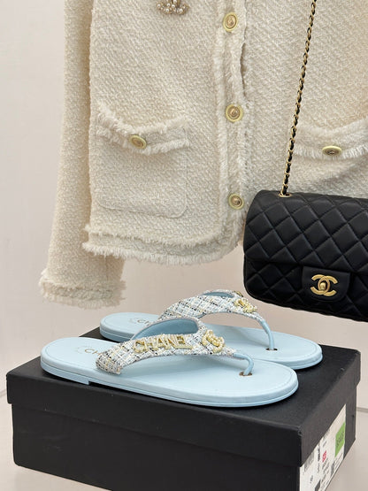 CC Crystal Logo Platform Thong Sandals Flat Blue Tweed 887777