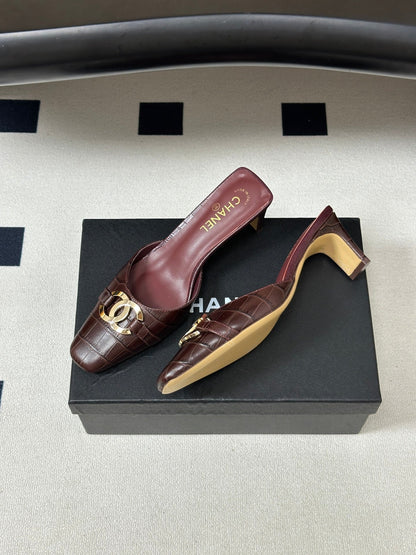 CC 26A Square Toe Mules 6cm Chocolate Patent Embossed Leather 888046