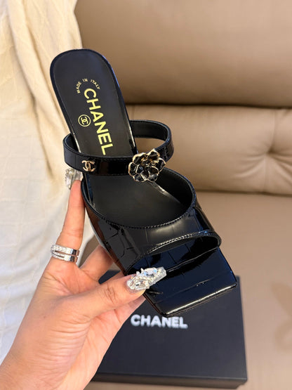 CC 26A Camellia Double C Square Toe Mules 10cm Black Stone-Grain Cowhide 888704