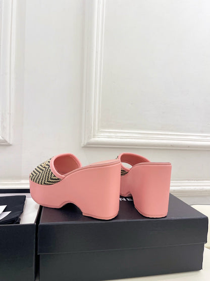 CC Double C Platform Wedge Mules 10cm Pink Tweed 891786