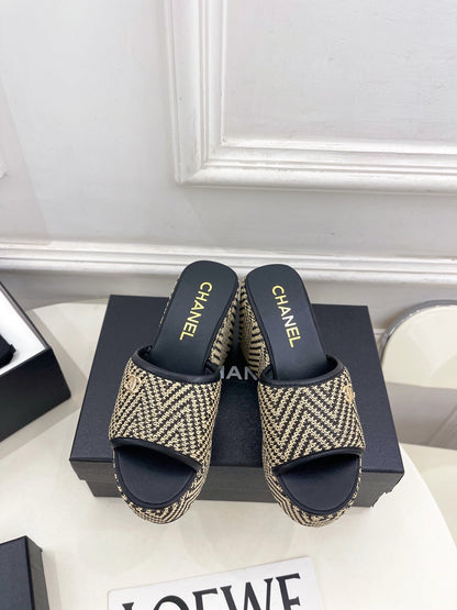 CC Double C Platform Wedge Mules 10cm Black Tweed 891783
