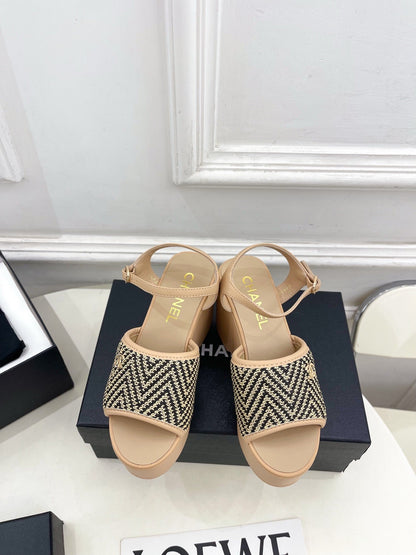 CC Double C Platform Wedge Sandals 10cm Beige Tweed 891782
