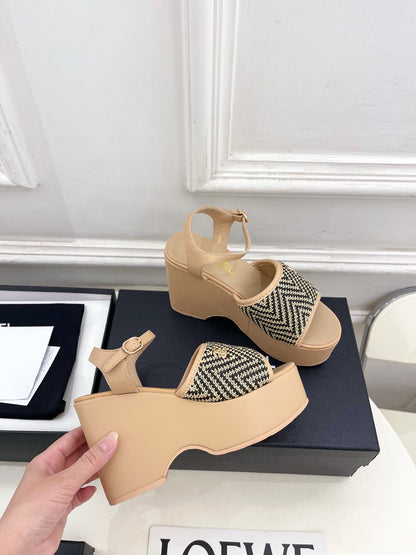 CC Double C Platform Wedge Sandals 10cm Beige Tweed 891782