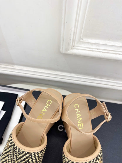 CC Double C Platform Wedge Sandals 10cm Beige Tweed 891782