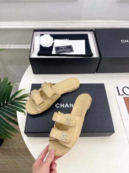 CC Crystal Double C Velcro Flat Mules Beige Lambskin 891667