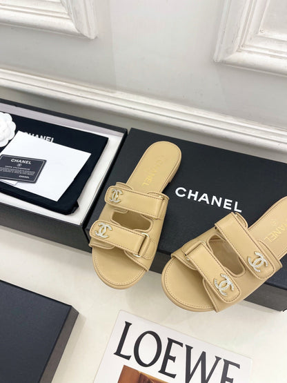 CC Crystal Double C Velcro Flat Mules Beige Lambskin 891667