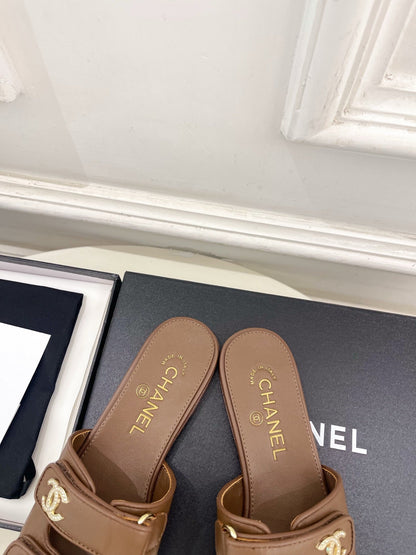 CC Crystal Double C Velcro Flat Mules Brown Lambskin 891665