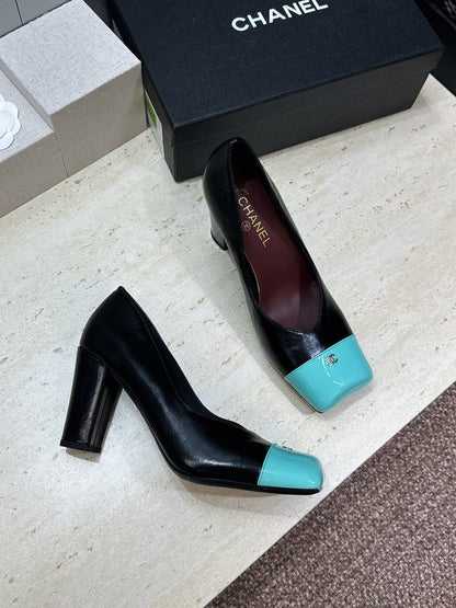 CC Square Toe Block Heel Pumps 90mm Black Teal Patent Leather 896863