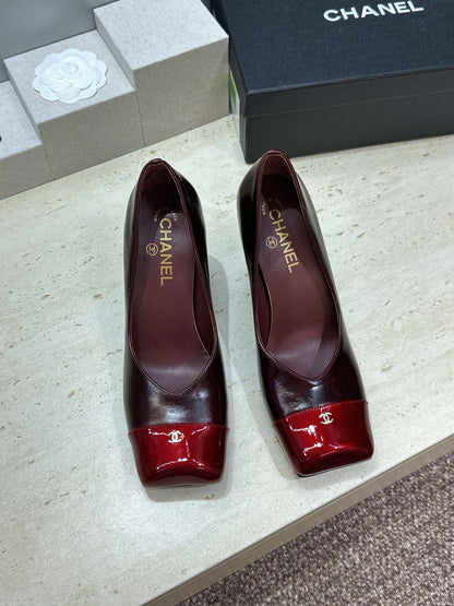 CC Square Toe Block Heel Pumps 90mm Burgundy Patent Leather 896862