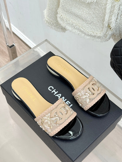 CC Pearl Heel Beaded Embroidered Slides Beige Lambskin 904676