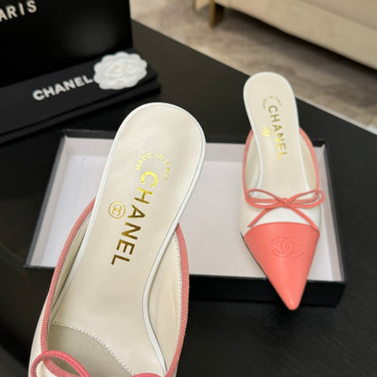 CC Bow Pointed Toe Mules Pink White Leather 912940