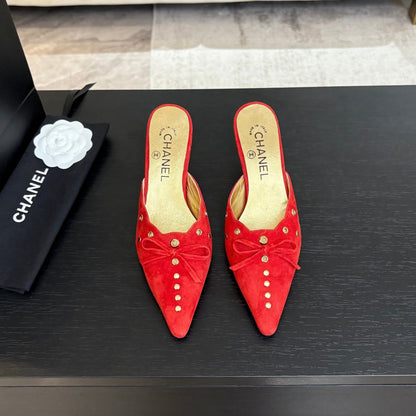 CC Grommet Bow Mules 6.5cm Red Suede Leather 912924