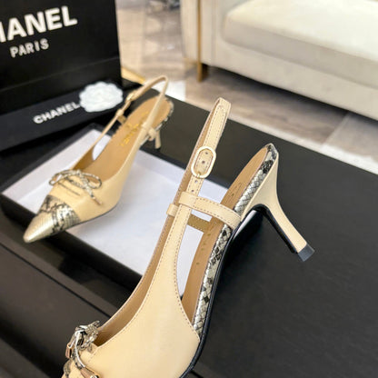 CC Snake Print Cap Toe Bow Slingback Pumps 6.5cm Beige Leather 912931