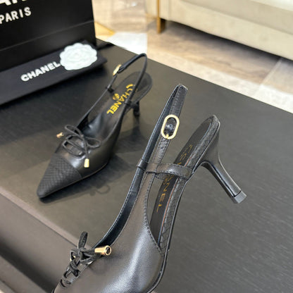 CC Snake Print Cap Toe Bow Slingback Pumps 6.5cm Black Leather 912929