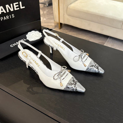 CC Snake Print Cap Toe Bow Slingback Pumps 6.5cm White Leather 912928