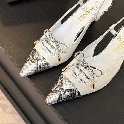 CC Snake Print Cap Toe Bow Slingback Pumps 6.5cm White Leather 912928