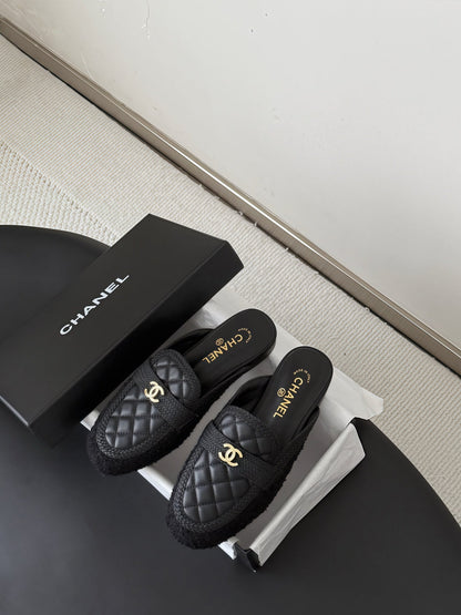 CC Quilted Logo Strap Mules Black Tweed & Leather 914191