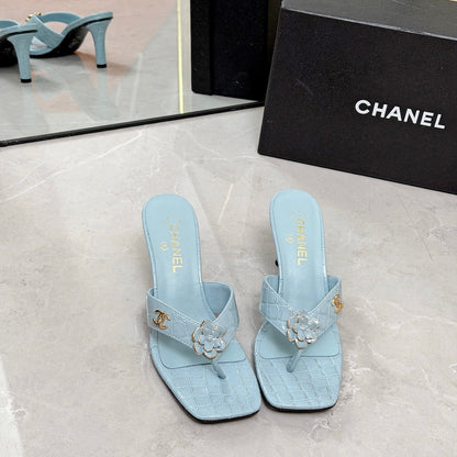 CC 26A Camellia Double C Thong Sandals 8.5CM Blue Stone-Grain Cowhide 938252