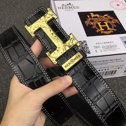 HM Belt 38mm Black Crocodile Embossed Gold Buckle Leather 619361