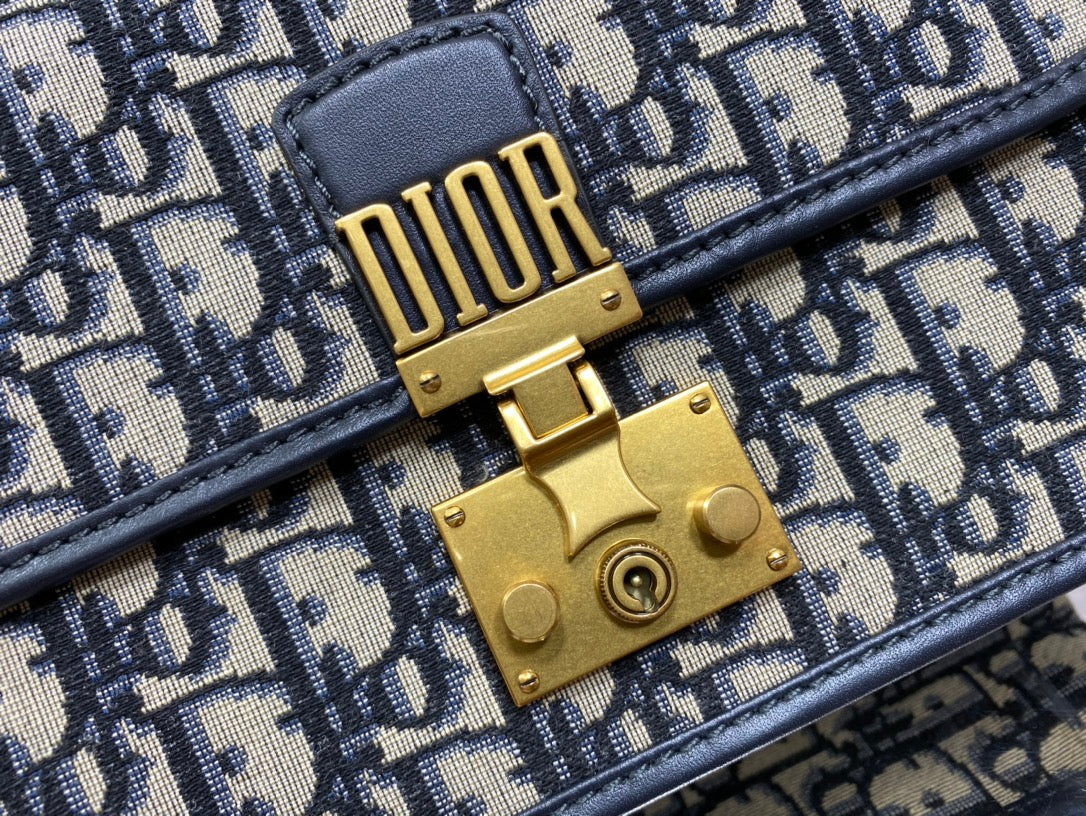 CD embroidered chain bag 24 dark blue leather cotton