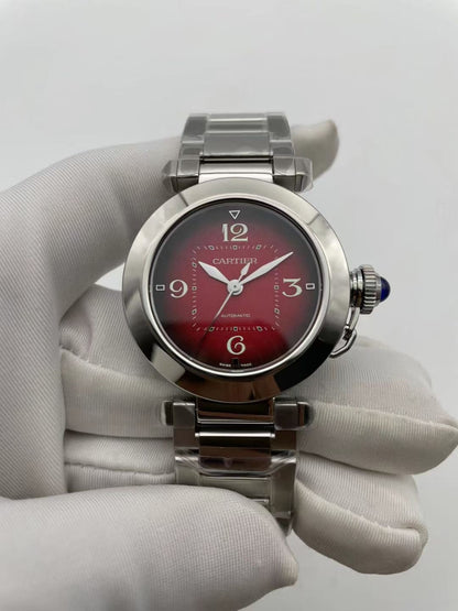 Cartier Pasha 33mm Silver Red Dial Leather