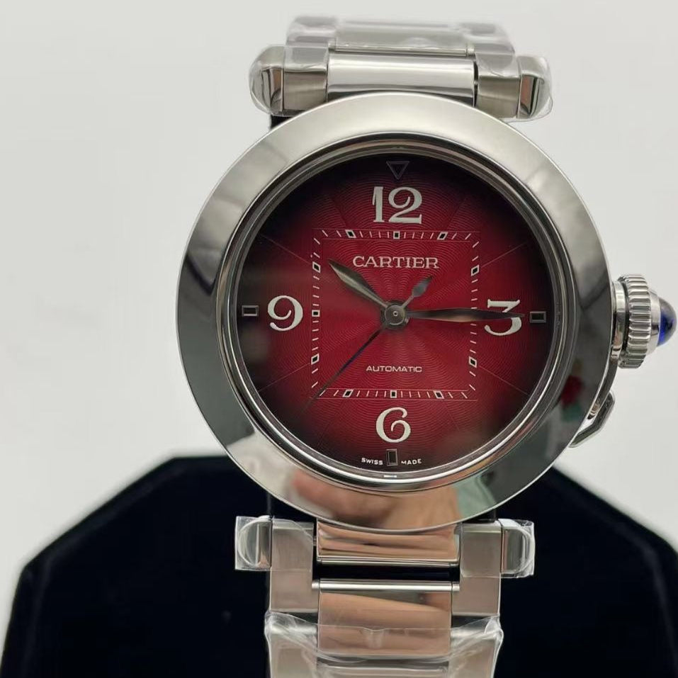 Cartier Pasha 33mm Silver Red Dial Leather