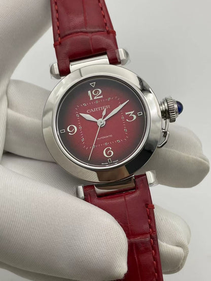 Cartier Pasha 33mm Silver Red Dial Leather
