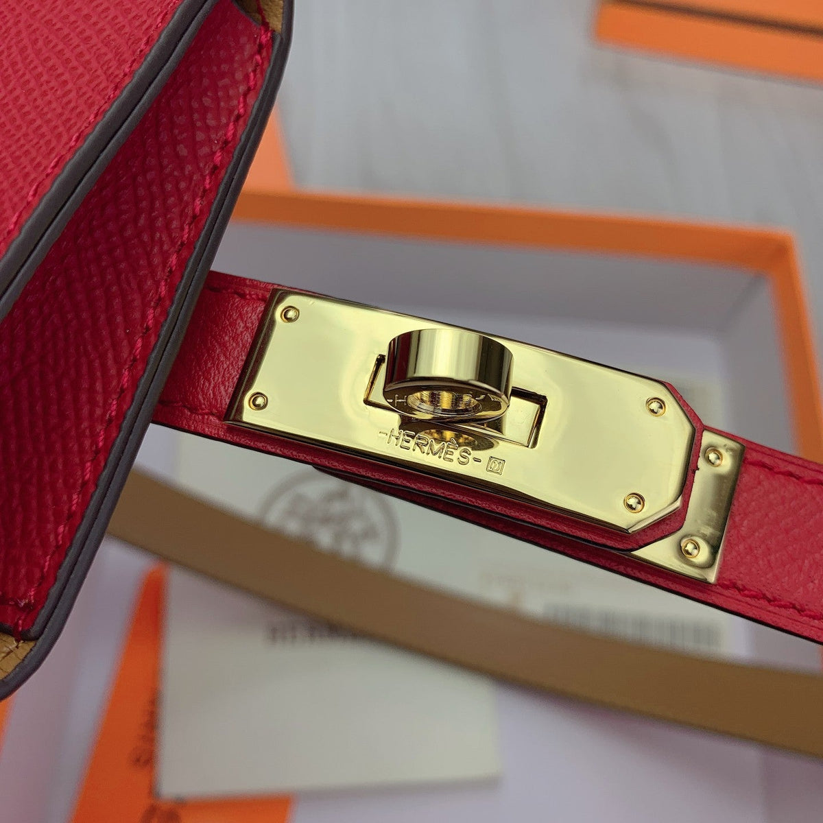hm kelly belt 18mm with pocket dark red calfskin gold buckle
