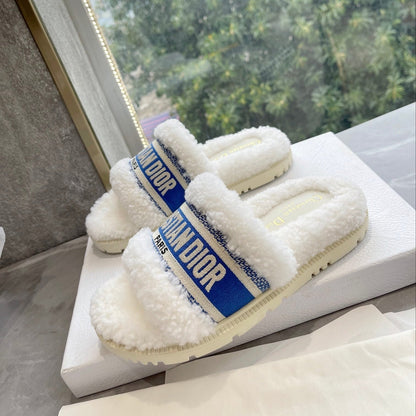 CD 25 Flat Slippers White Blue Wool 395569